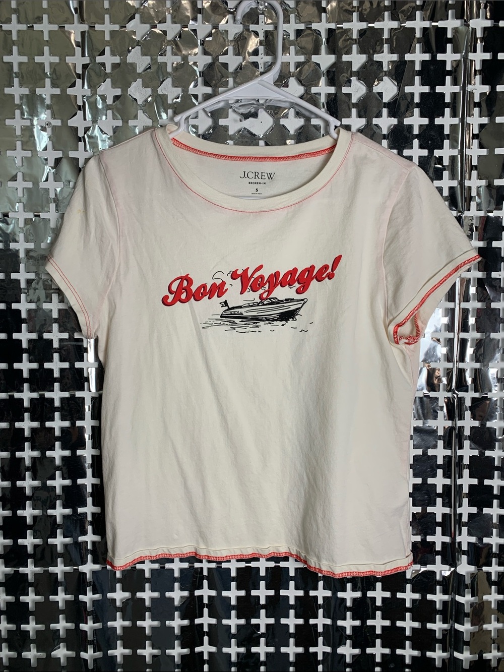 J. Crew Cream Short Sleeve Tee with Red "Bon Voyage" Boat Graphic